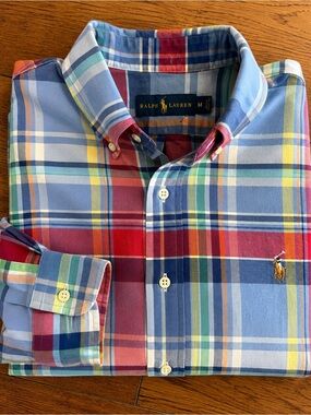 Ralph Lauren Mens M Madras Plaid Button Down Shirt Multicolor Pony Cotton